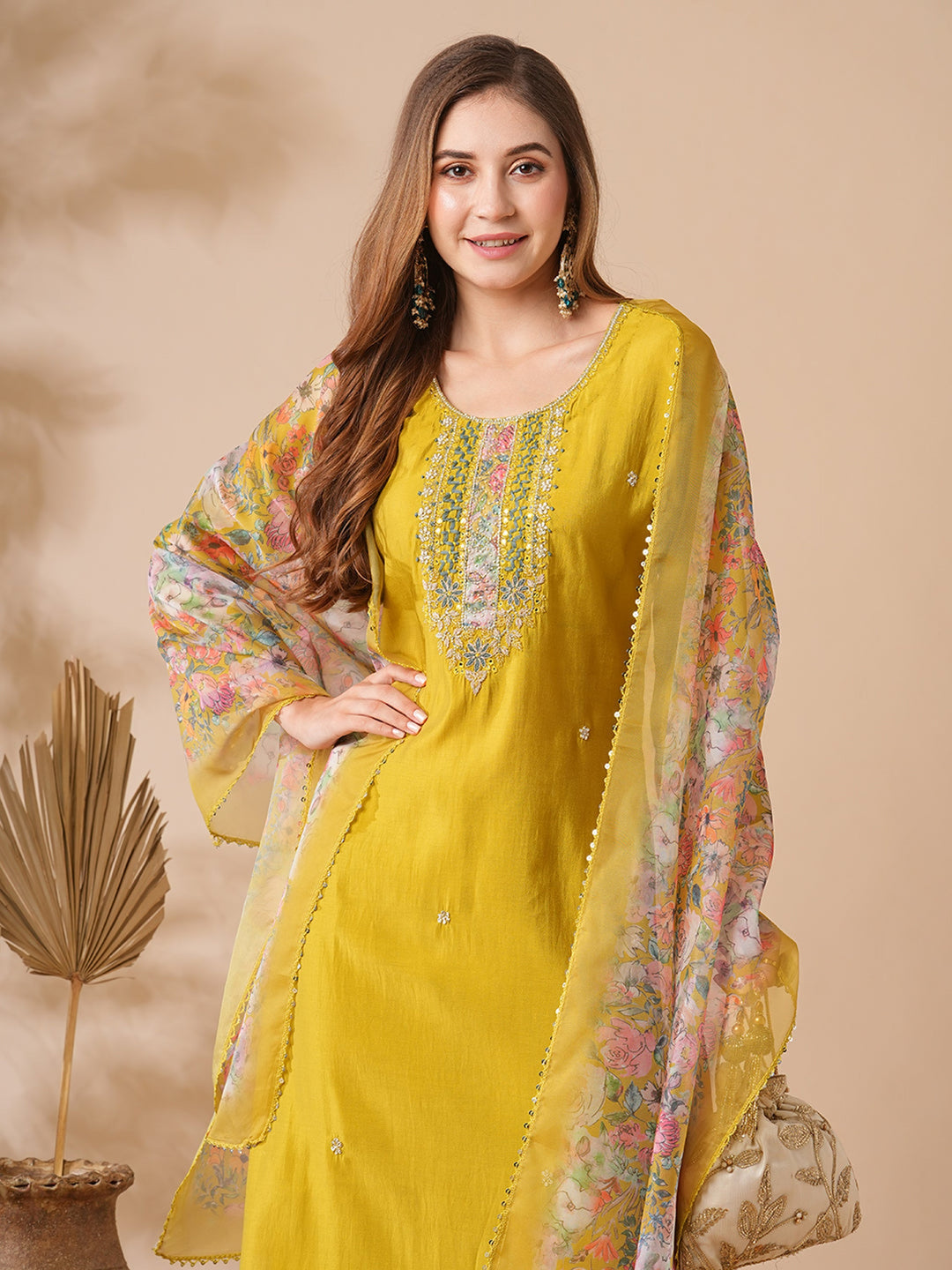 Marvelous Mustard Yellow Embroidery Silk Haldi Wear Pant Suit - Front View with Intricate Floral Embroidery