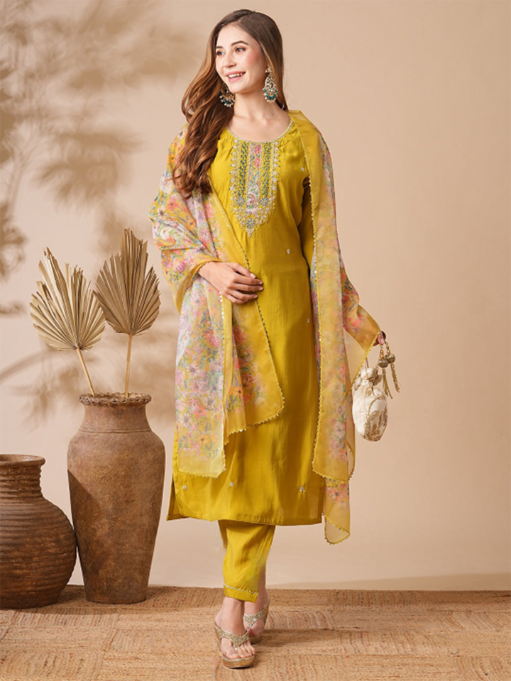 Marvelous Mustard Yellow Embroidery Silk Haldi Wear Pant Suit for women