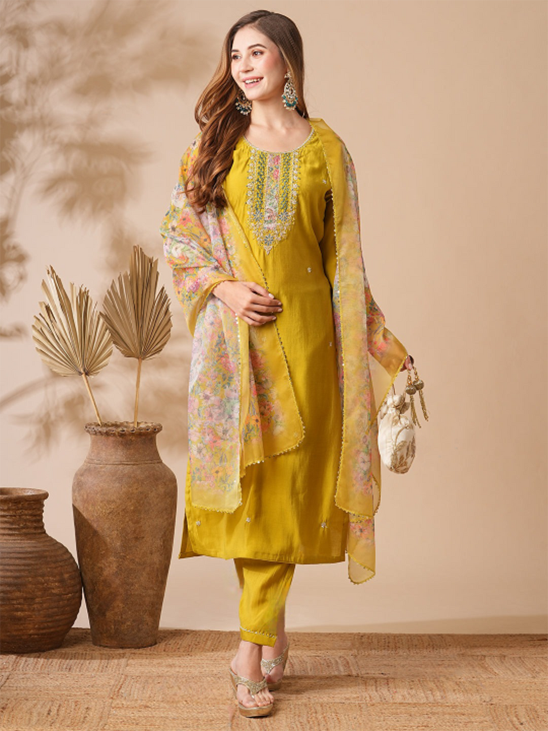 Mustard Yellow Silk Haldi Wear Pant Suit with Intricate Embroidery Detail