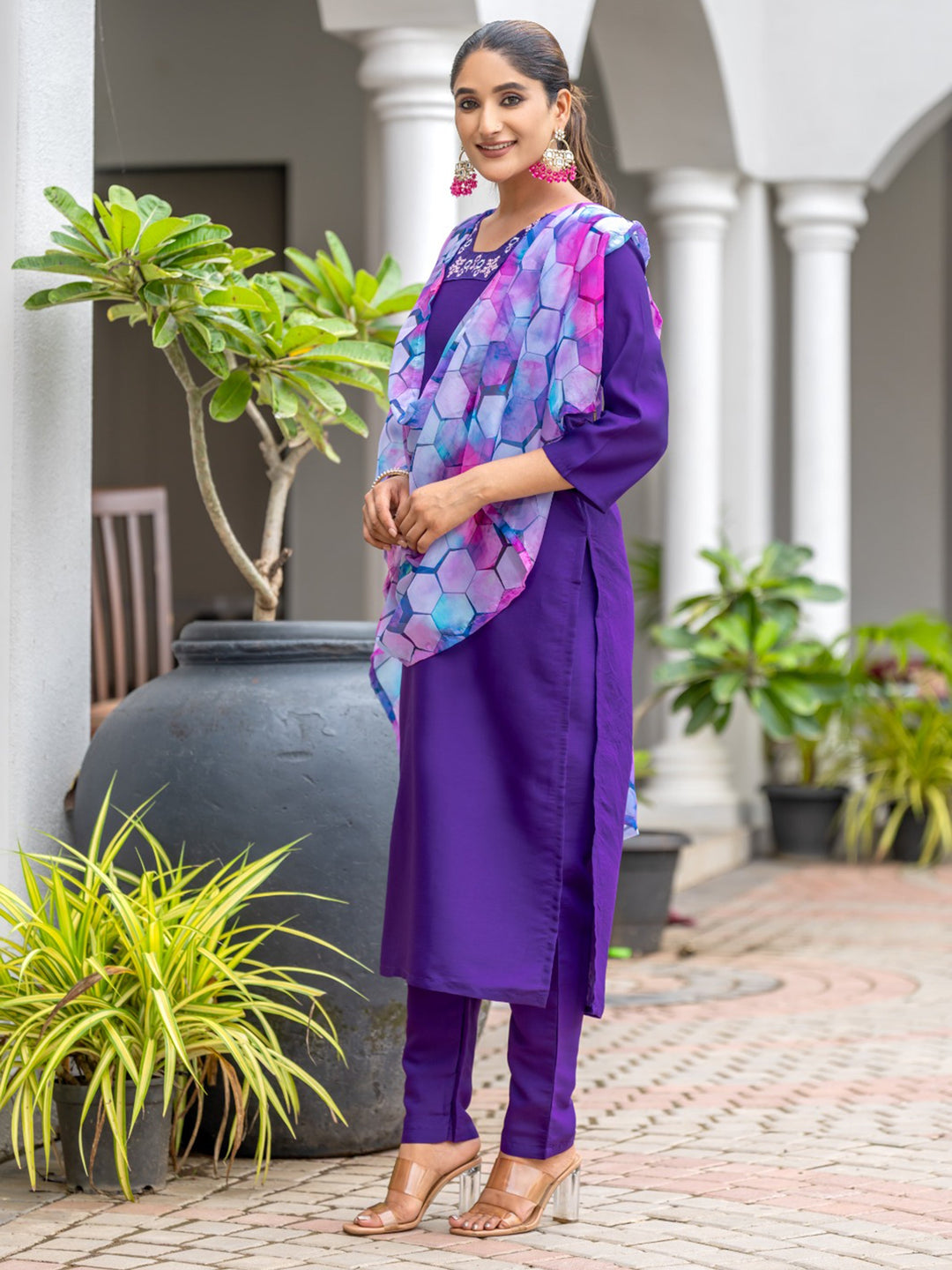 Stunning purple rayon suit with intricate embroidered work