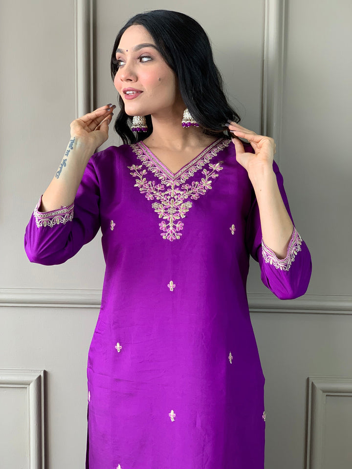 Exquisite purple Chanderi silk pant suit with intricate embroidery and matching dupatta
