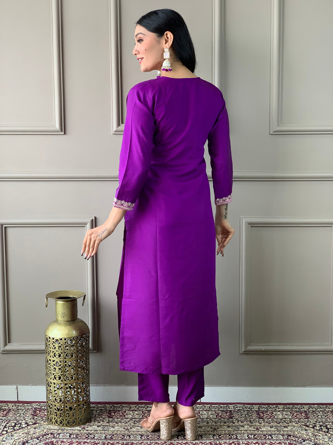 Exquisite purple chanderi silk pant suit with intricate embroidery and matching dupatta