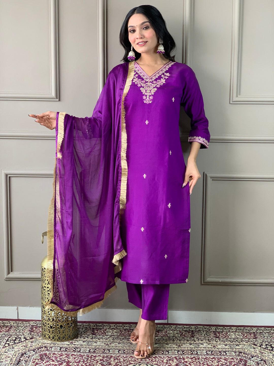 Beautiful purple chanderi silk pant suit with intricate embroidery and matching dupatta