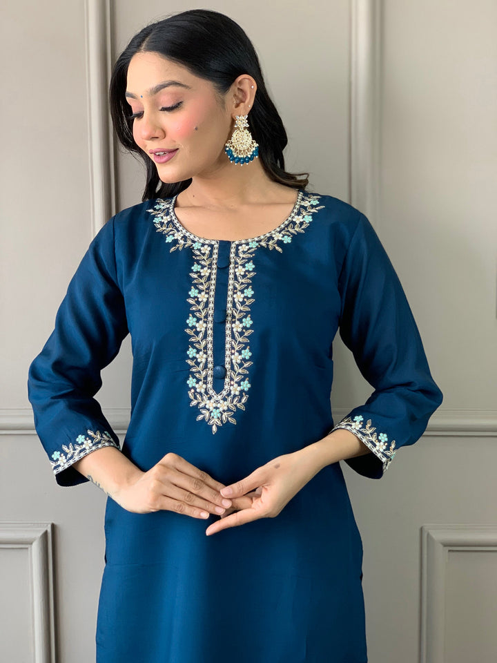 Captivating Blue Embroidered Chanderi Silk Festival Wear Pant Suit for women