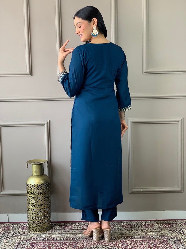 Captivating blue embroidered Chanderi silk festival wear pant suit with intricate detailing