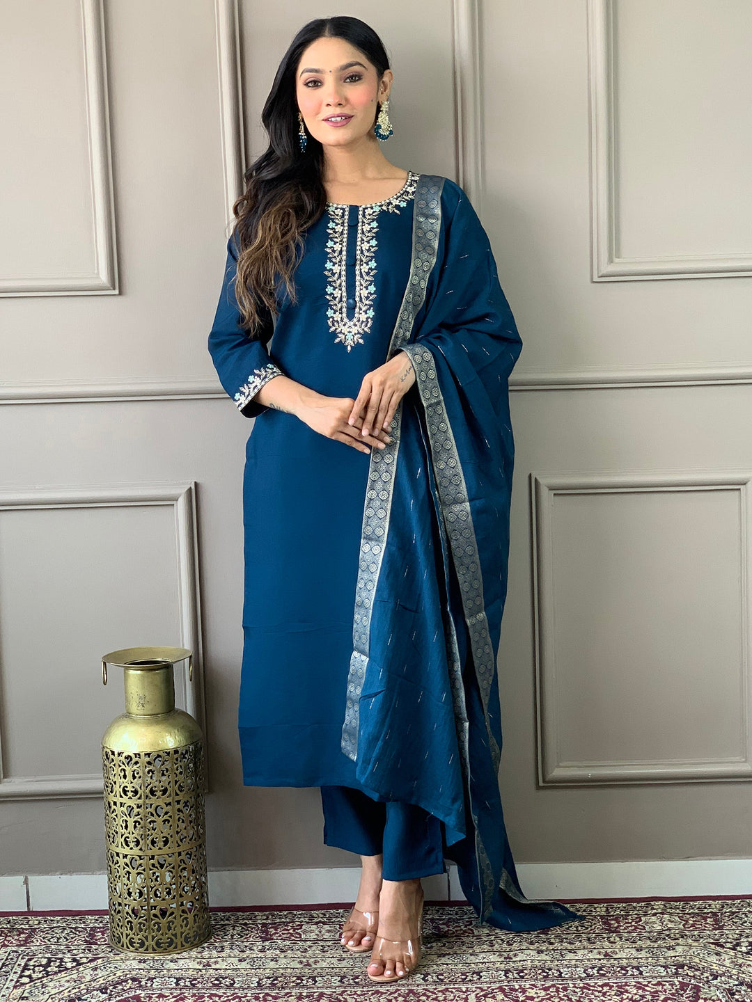 A captivating blue embroidered Chanderi silk festival wear pant suit