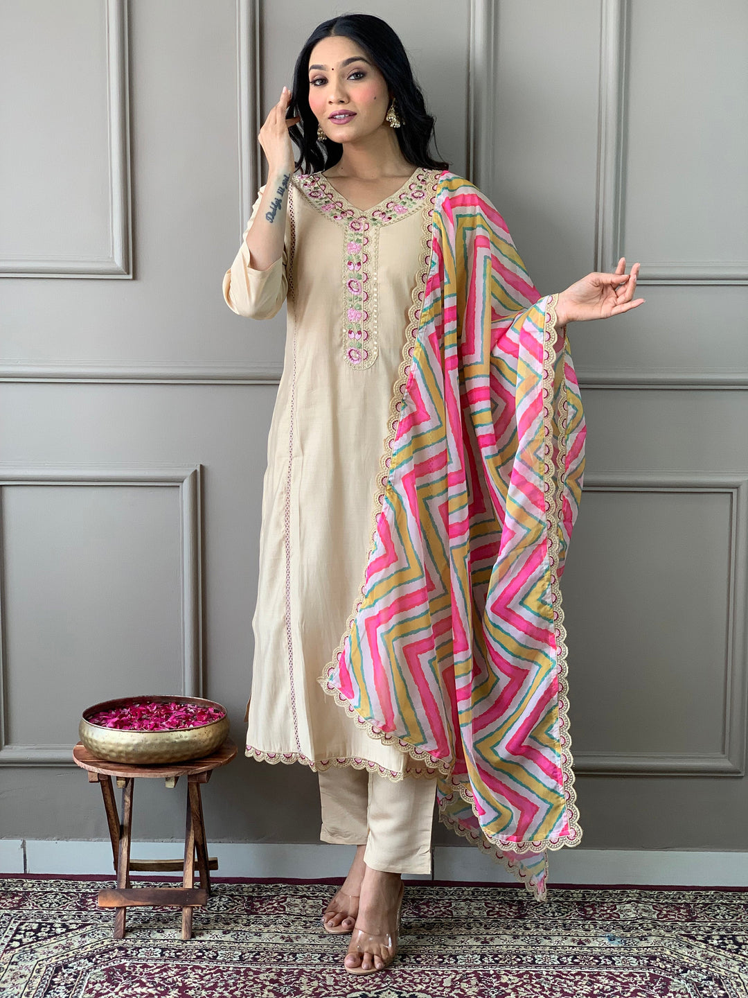 Beautiful beige chanderi silk suit with intricate embroidered work