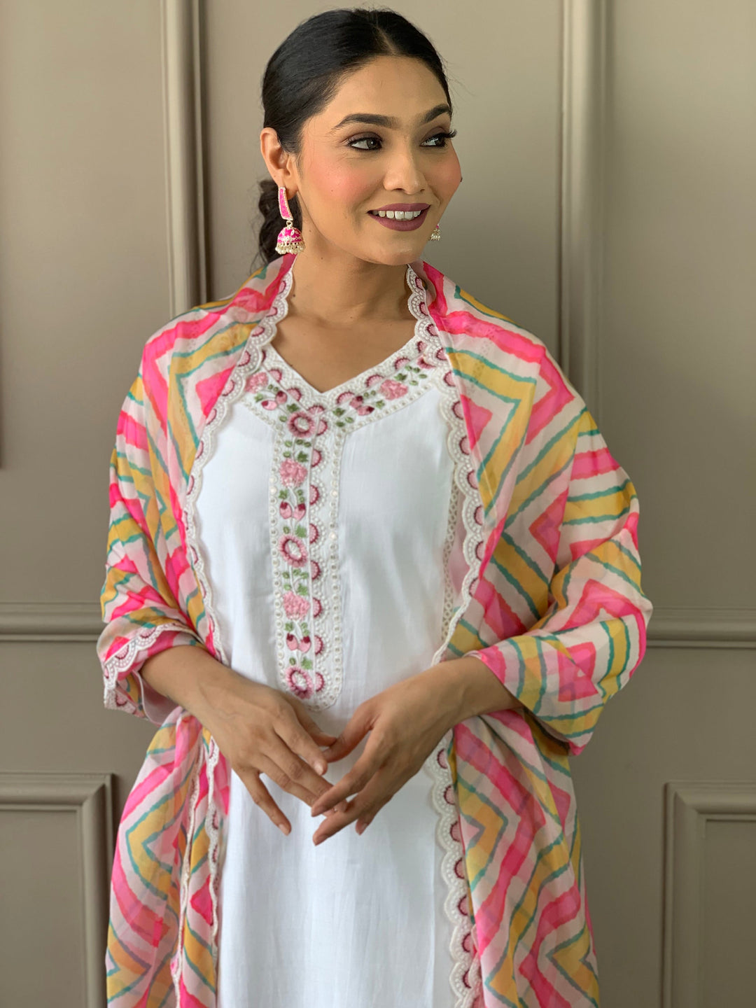 White Chanderi silk traditional suit pant with intricate embroidery and attractive design