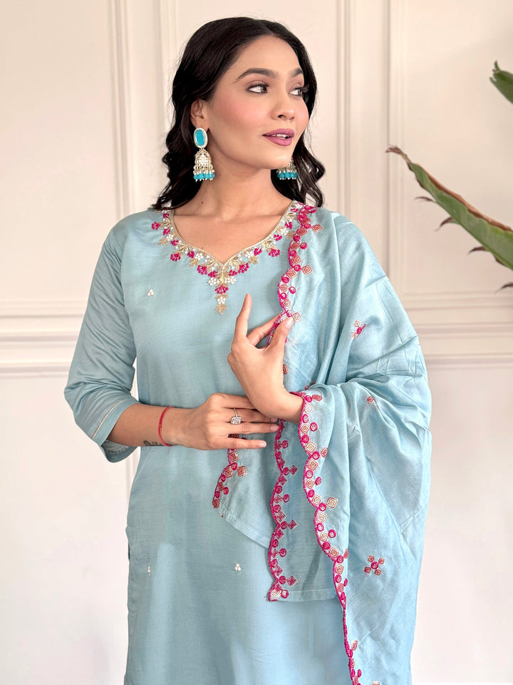  Sky blue chanderi silk dupatta with delicate embroidery 