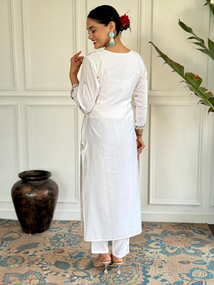 White Chanderi Silk Pant Suit with intricate embroidery for special events