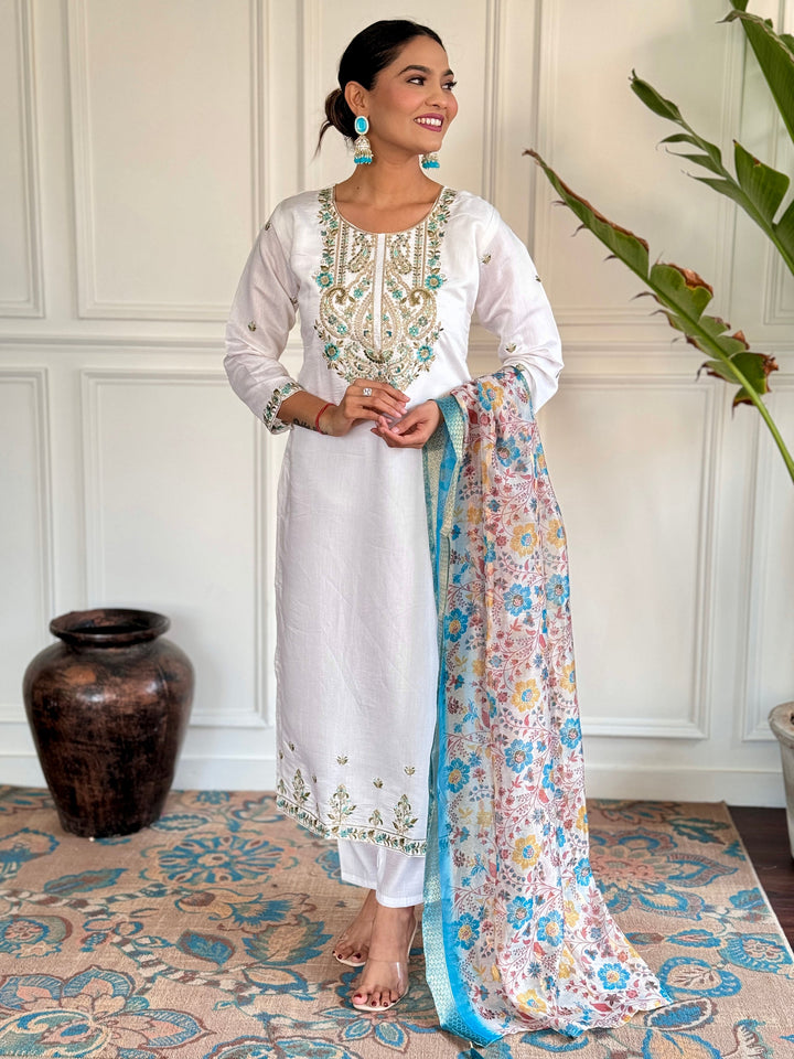 White Chanderi Silk Pant Suit with Intricate Embroidery and Event-Ready Style