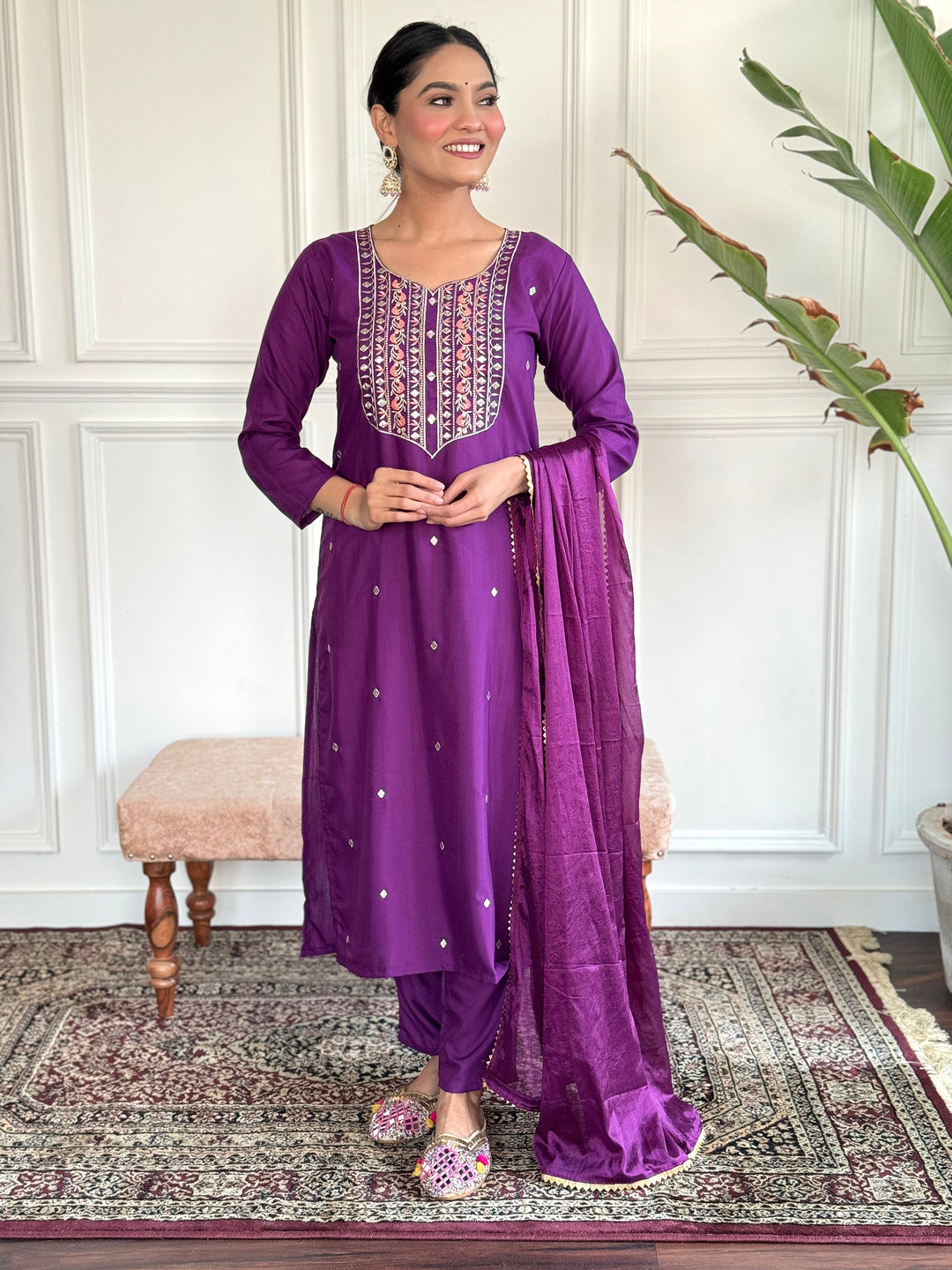 Beautiful purple embroidered rayon pant suit with glamorous detailing and elegant design