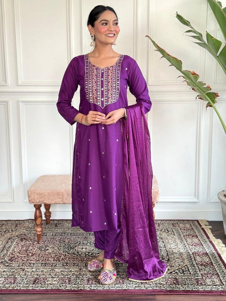 Glamorous Purple Embroidered Rayon Readymade Pant Suit for Women with Floral Design
