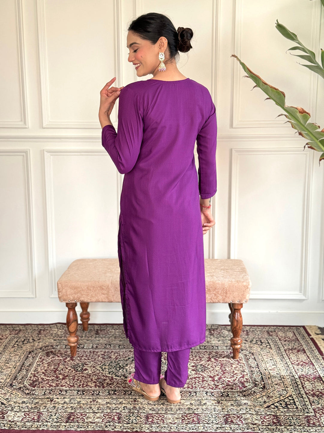 Glamorous Purple Embroidered Rayon Readymade Pant Suit with intricate floral designs