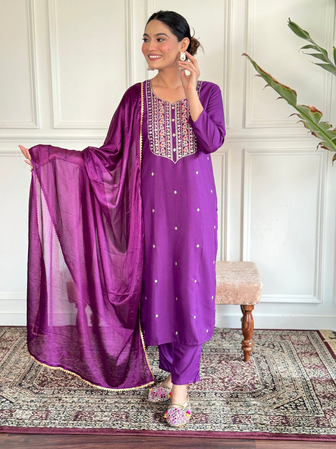 Glamorous purple embroidered rayon readymade pant suit for women's fashion