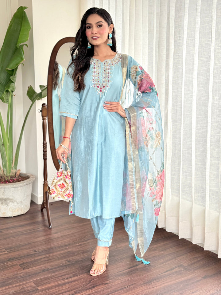 
Magnetic Sky Blue Embroidered Chanderi Silk Festival Wear Pant Suit with intricate embroidered and sequin work