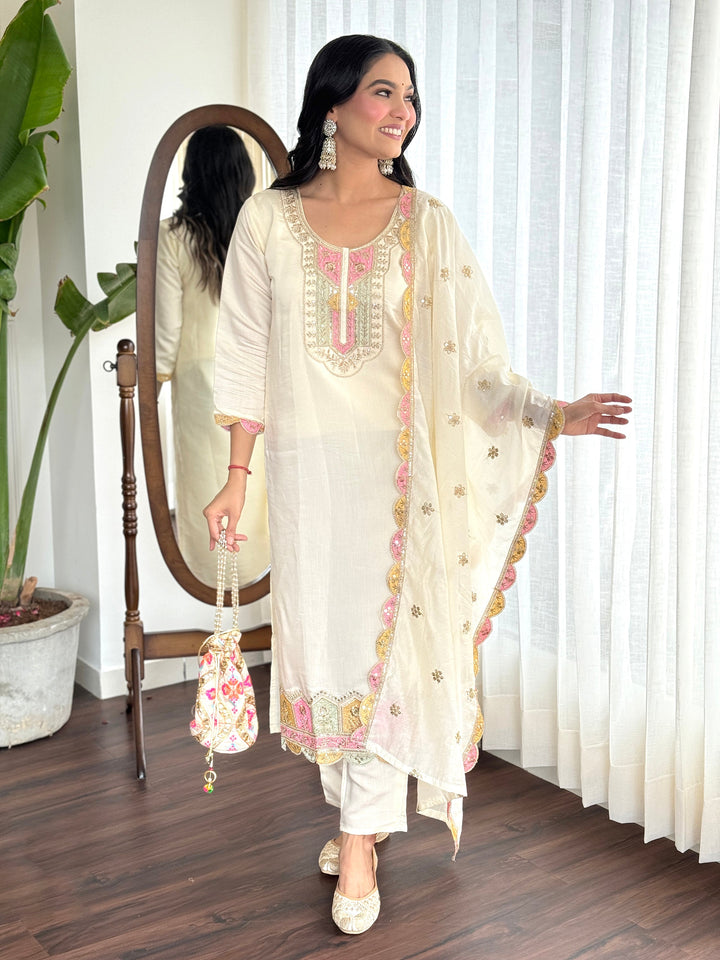 Beautiful cream colored Chanderi Silk traditional pant suit with intricate embroidery
