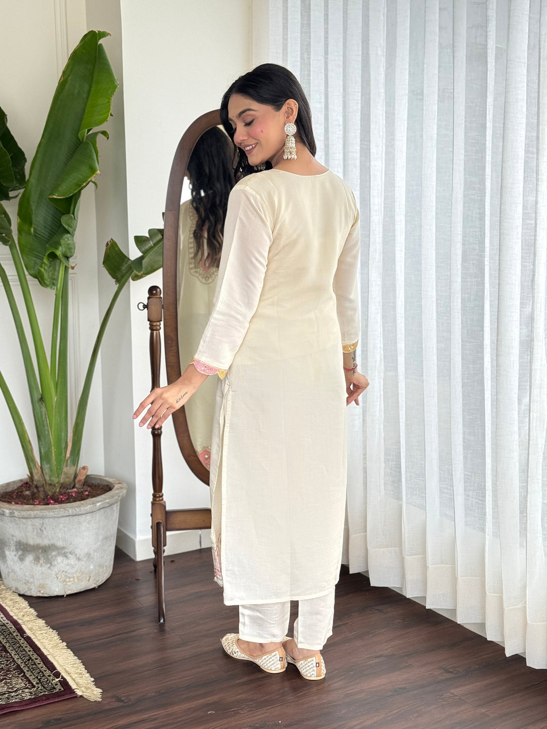 Amazing Cream Embroidered Chanderi Silk Traditional Pant Suit - Elegant Indian Ethnic Outfit