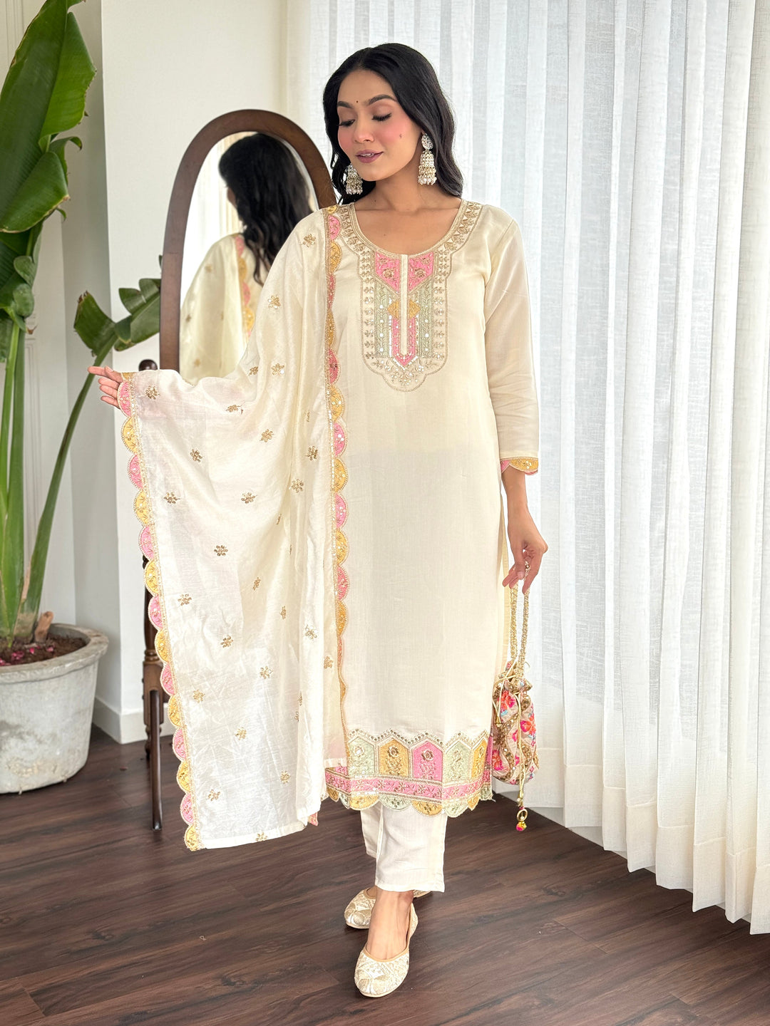 Amazing Cream Embroidered Chanderi Silk Traditional Pant Suit for women
