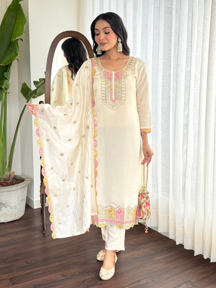 Amazing Cream Embroidered Chanderi Silk Traditional Pant Suit for women