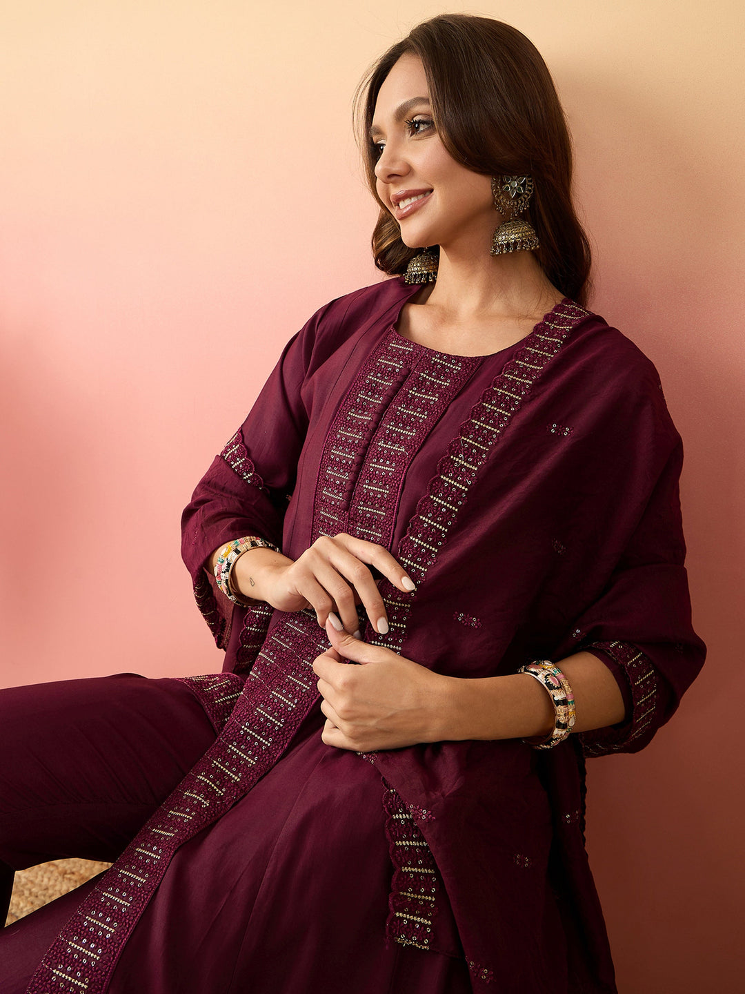  Maroon silk pants with embroidered lace borderwork for grace and style 