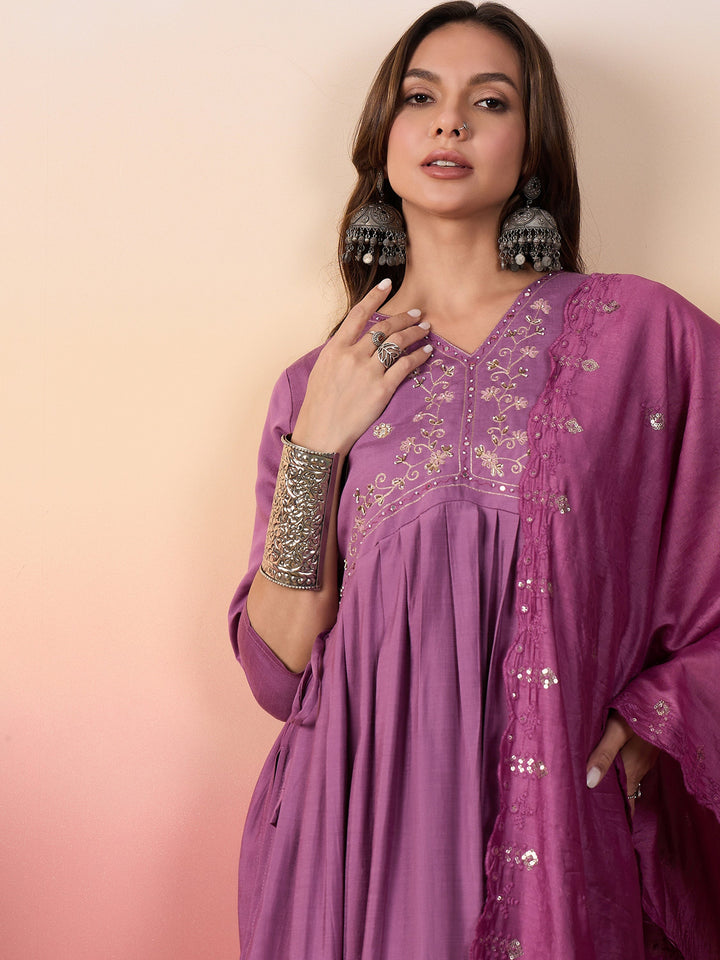 Beautiful purple silk pant suit with intricate embroidery and matching dupatta