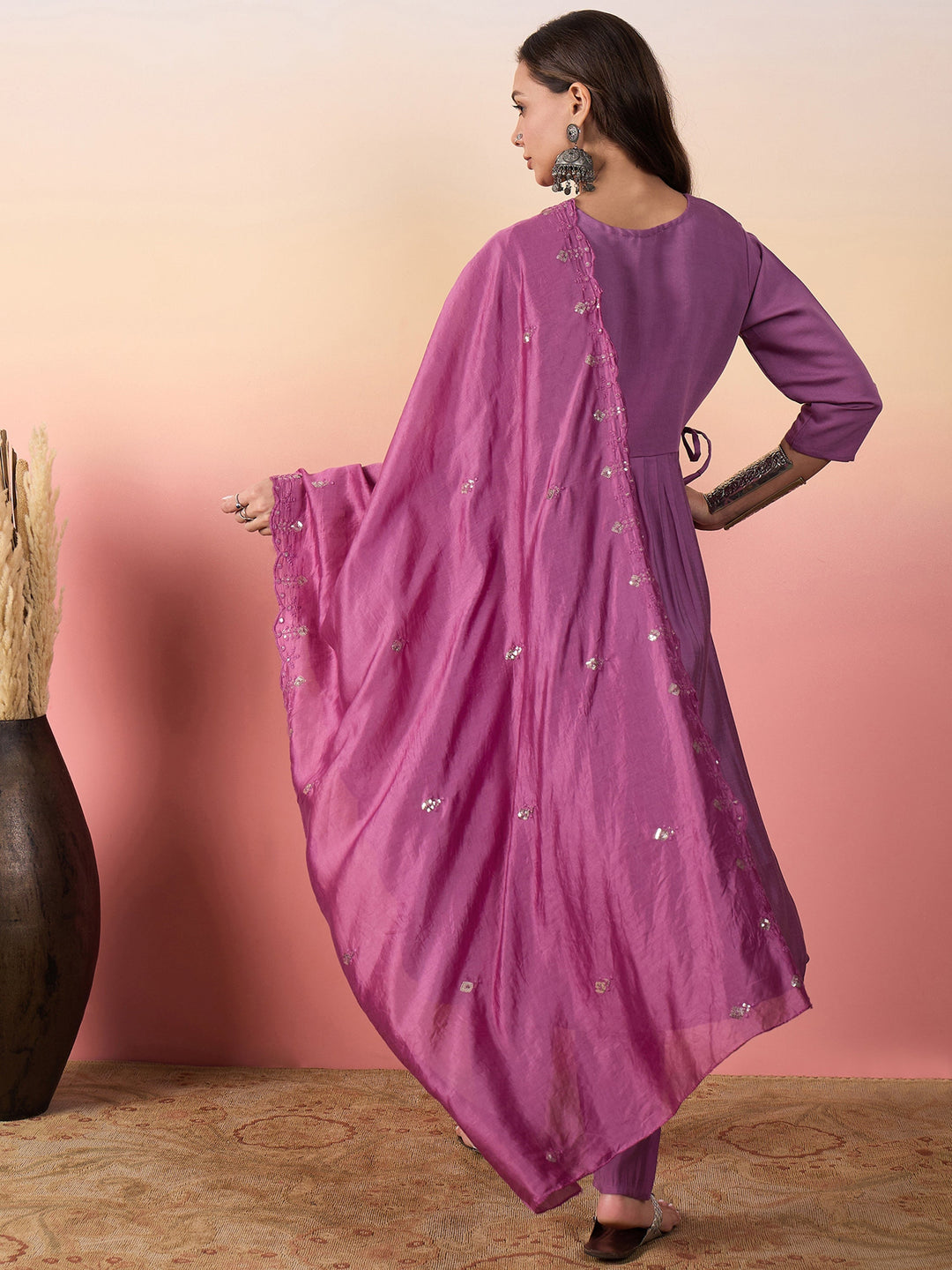 Stunning purple silk pant suit with intricate embroidered detailing and matching dupatta