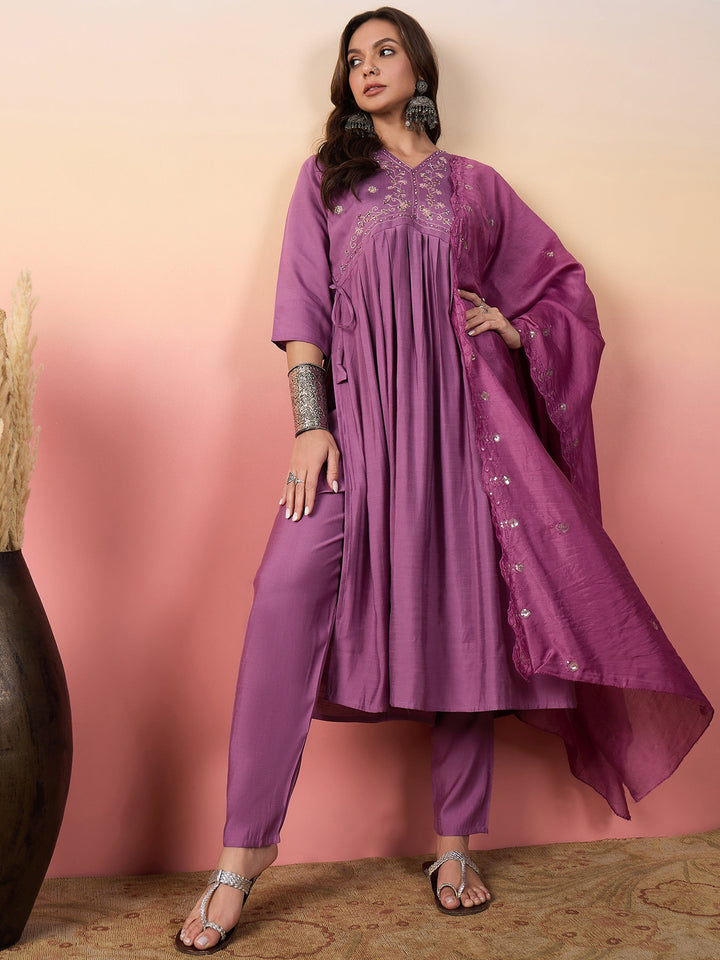 Stunning purple pant suit with intricate embroidery and matching dupatta