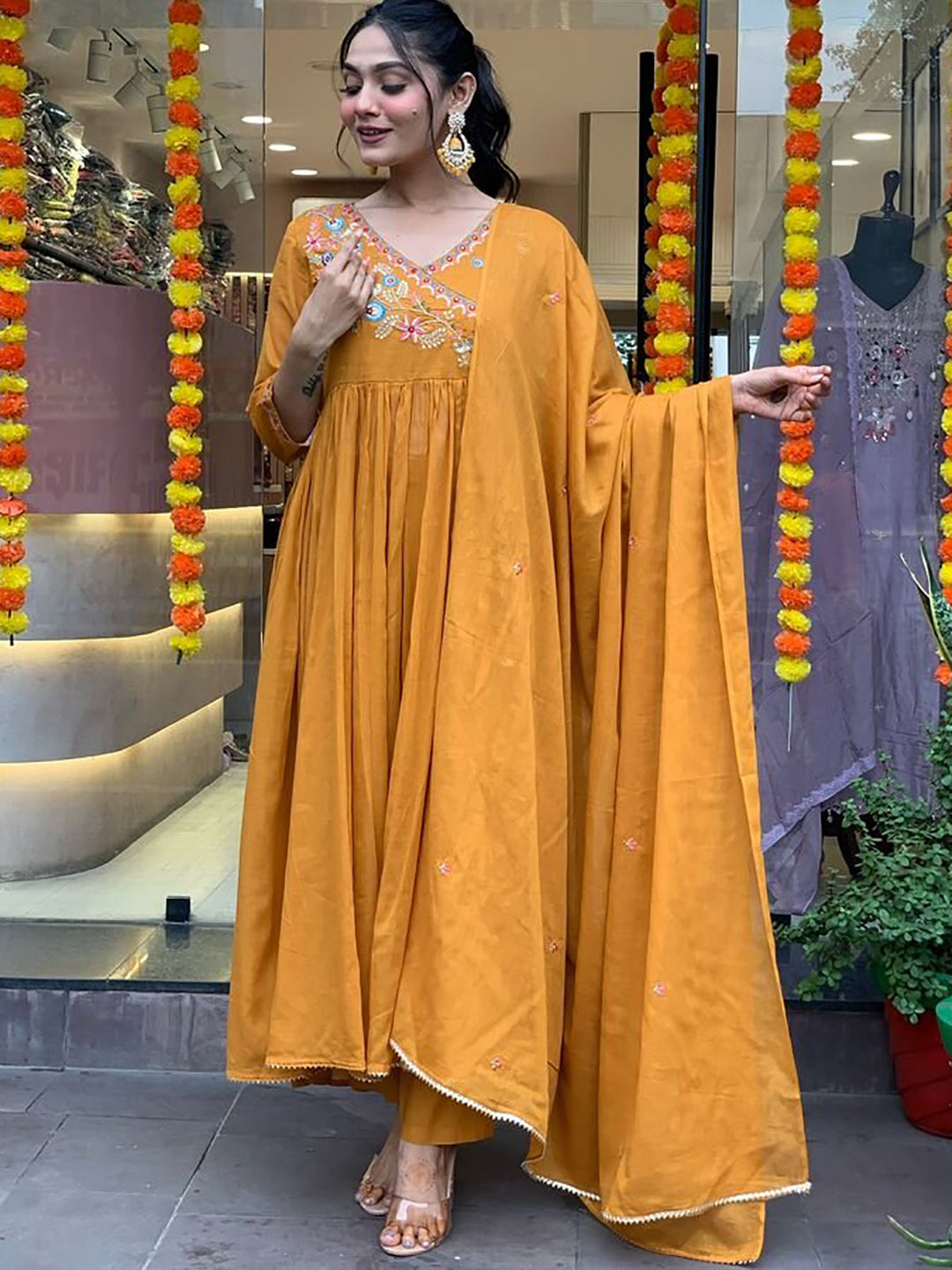Mustard yellow embroidered pant suit with matching dupatta for women