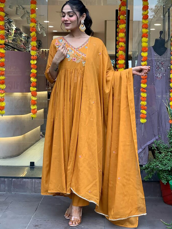 Mustard yellow embroidered pant suit with matching dupatta for women