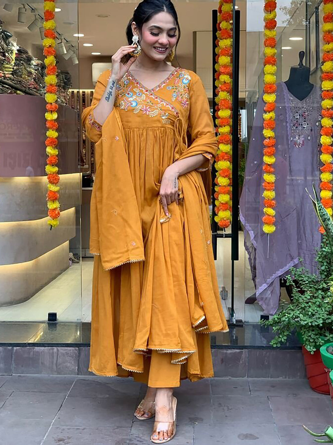 Mustard yellow embroidered viscose pant suit with dupatta for women