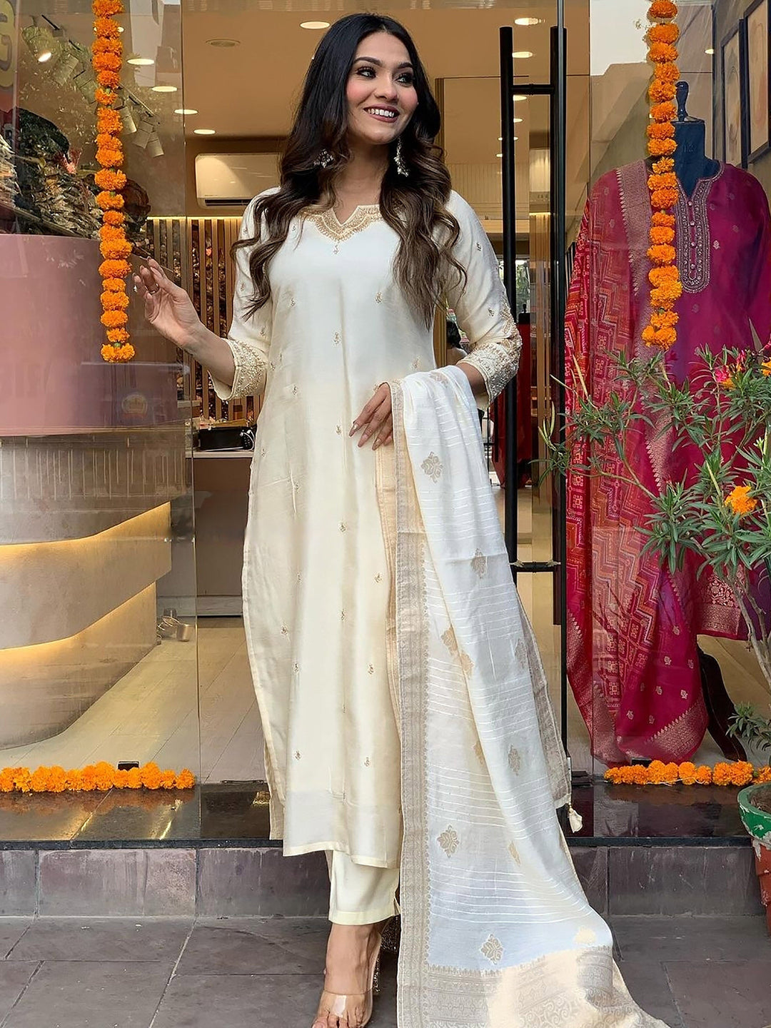 Off-White Embroidered Viscose Festival Wear Pant Suit with intricate detailing