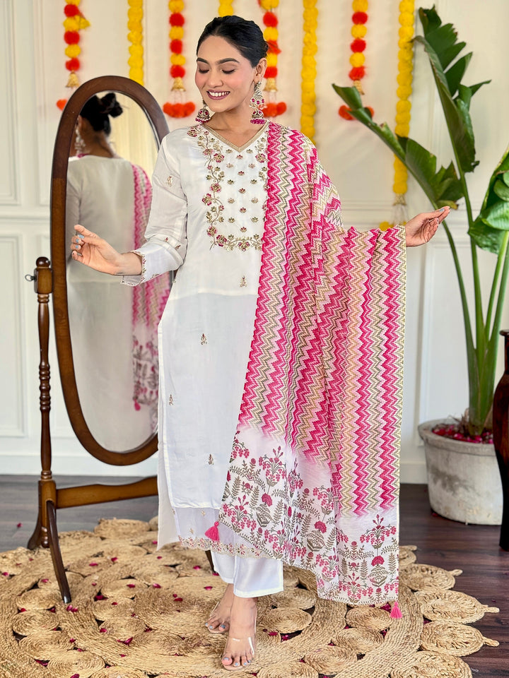 Captivating White Floral Embroidered Viscose Event Wear Pant Suit