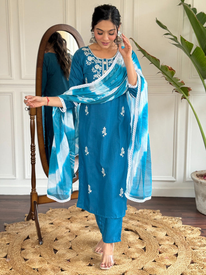 Charming Blue Thread Embroidered Rayon Pant Suit With Dupatta - Elegant and stylish women's outfit for any occasion