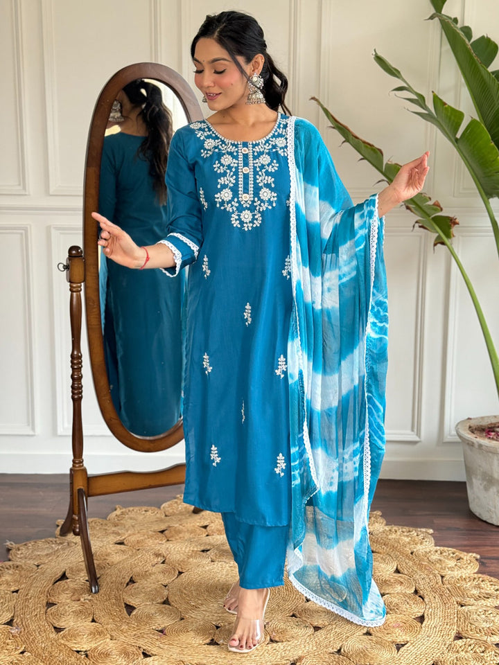 Charming blue thread embroidered rayon pant suit with dupatta for women