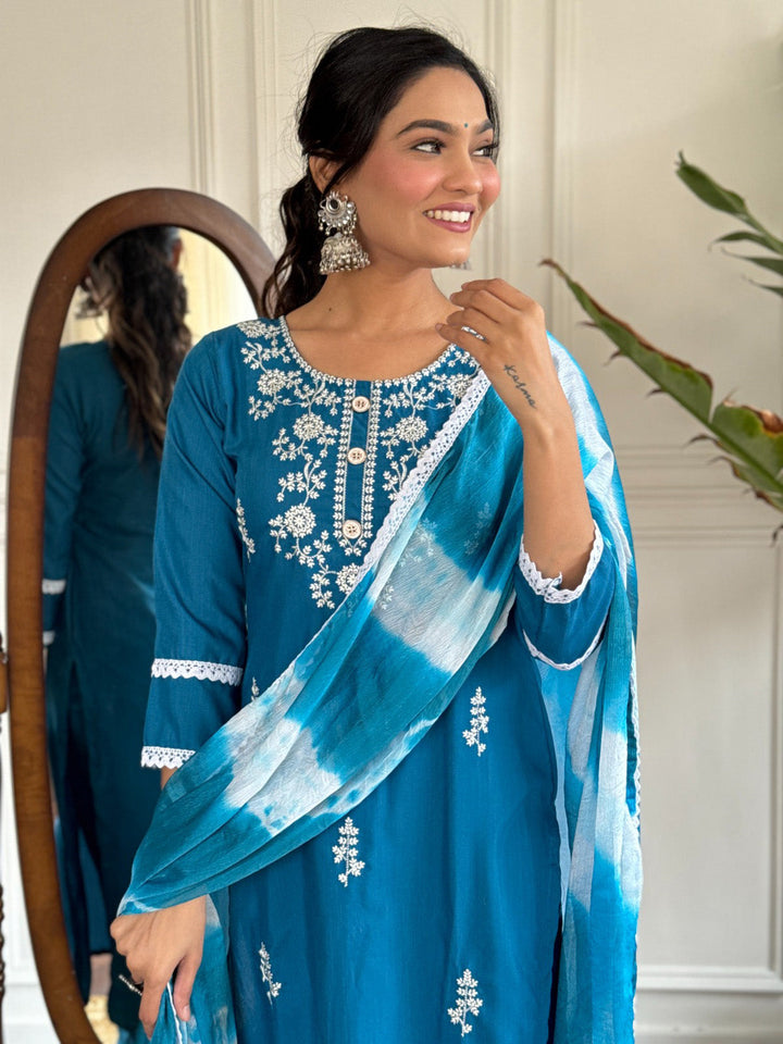 Charming Blue Thread Embroidered Rayon Pant Suit With Dupatta for women