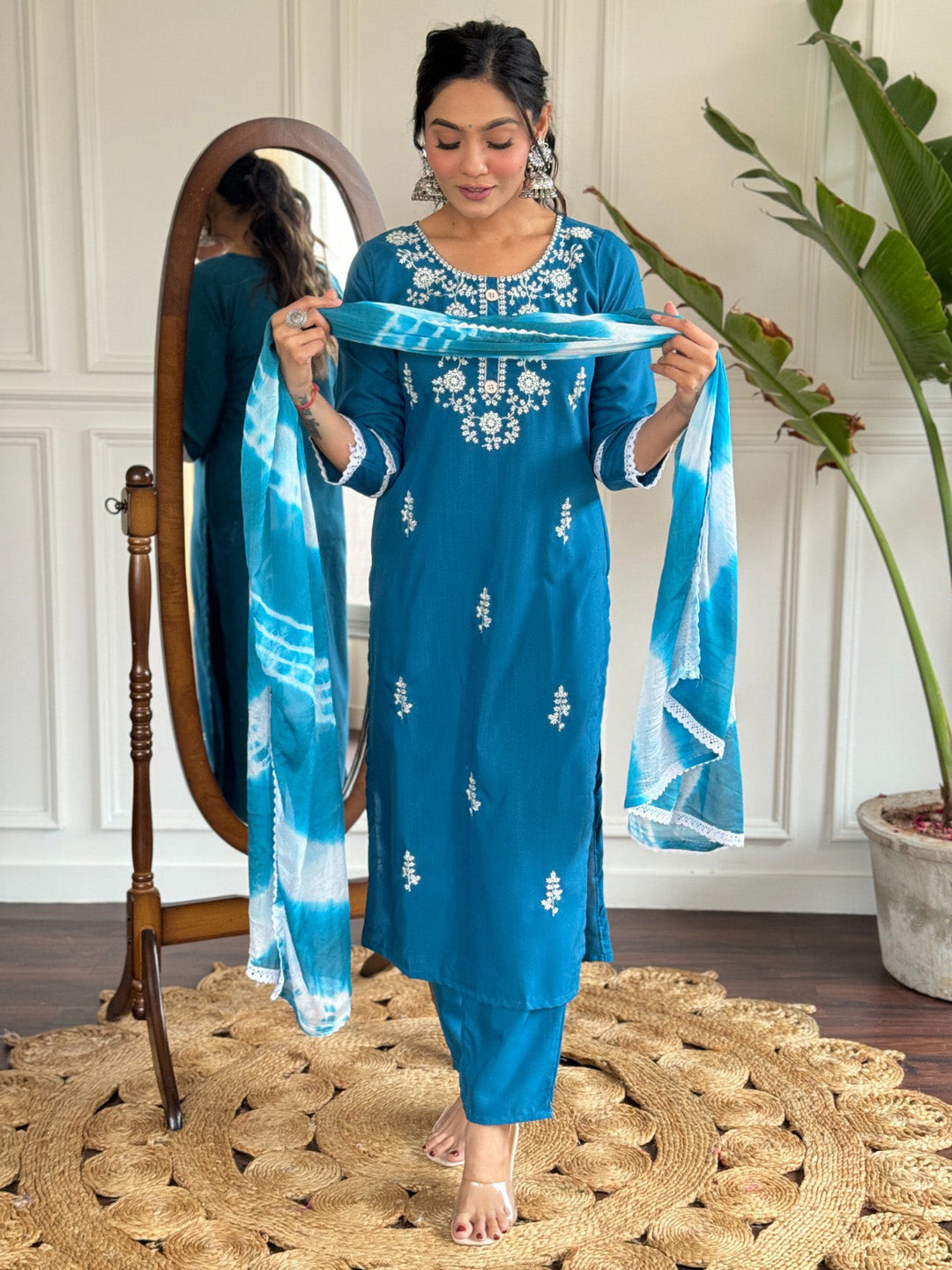 Charming Blue Thread Embroidered Rayon Pant Suit With Dupatta for Women