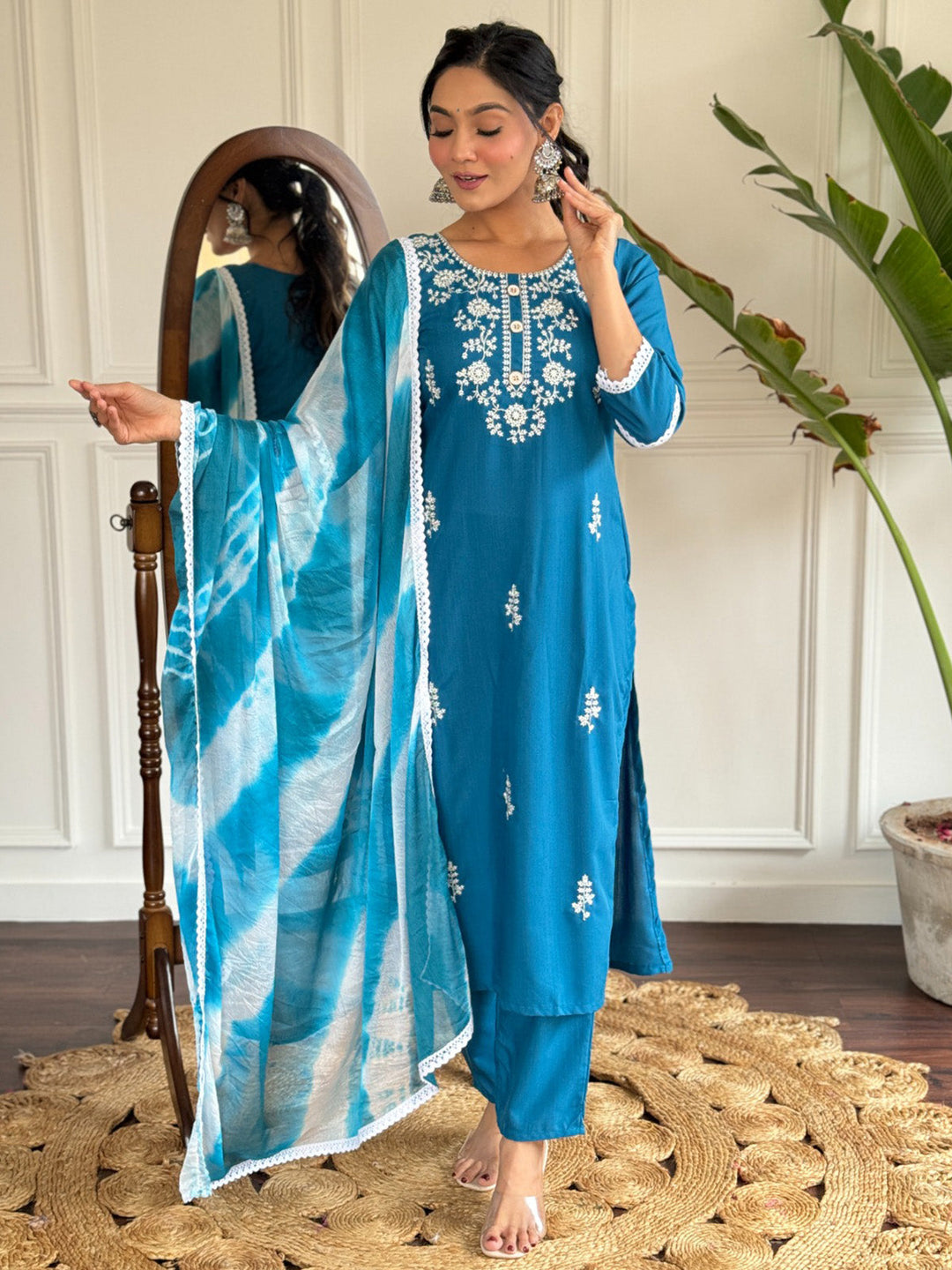 Charming blue thread embroidered rayon pant suit with dupatta for women