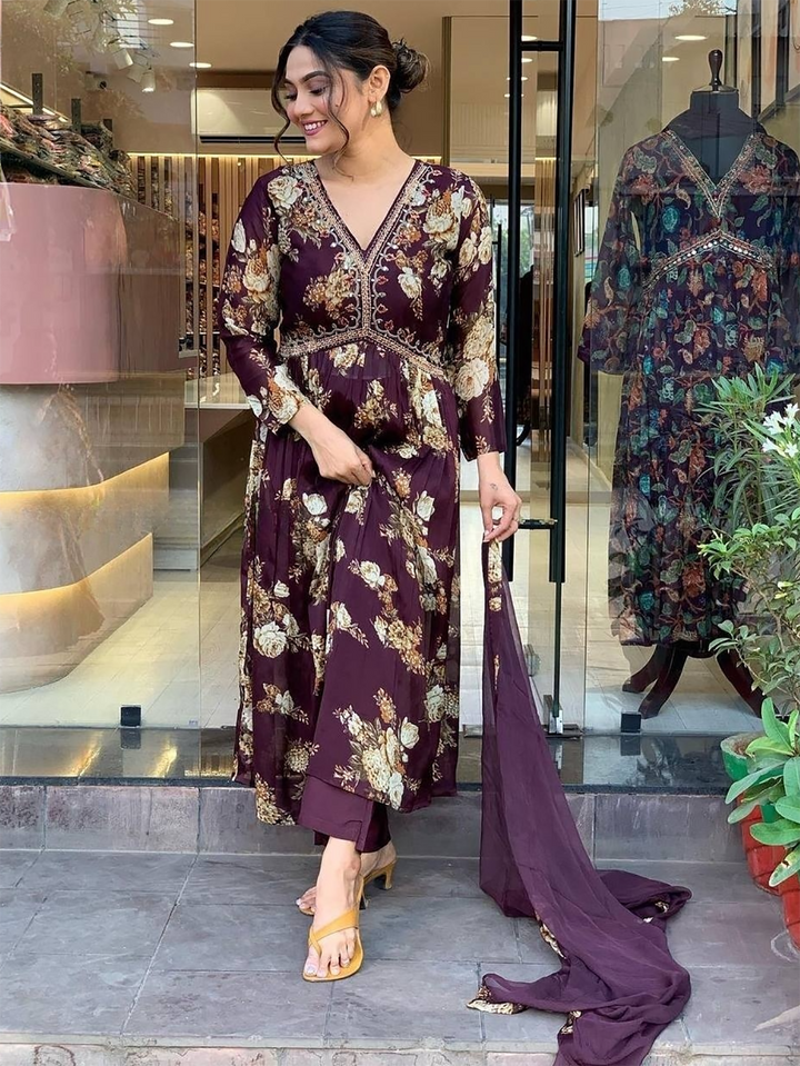 Magnetic Wine Floral Printed Georgette Event Wear Pant Suit for women