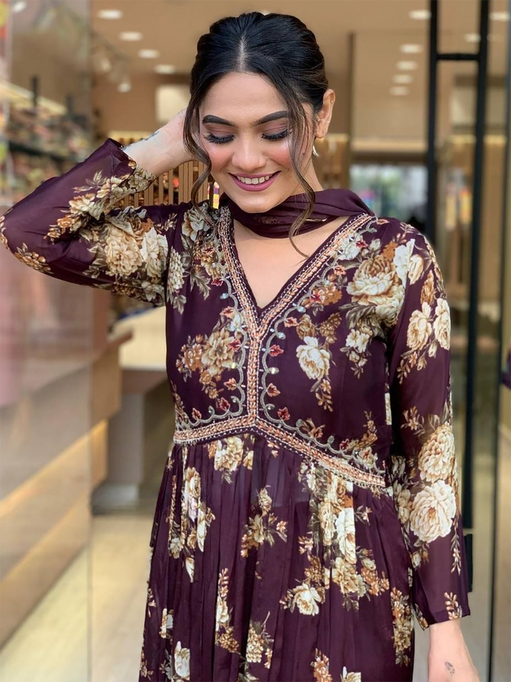 Magnetic Wine Floral Printed Georgette Event Wear Pant Suit for women