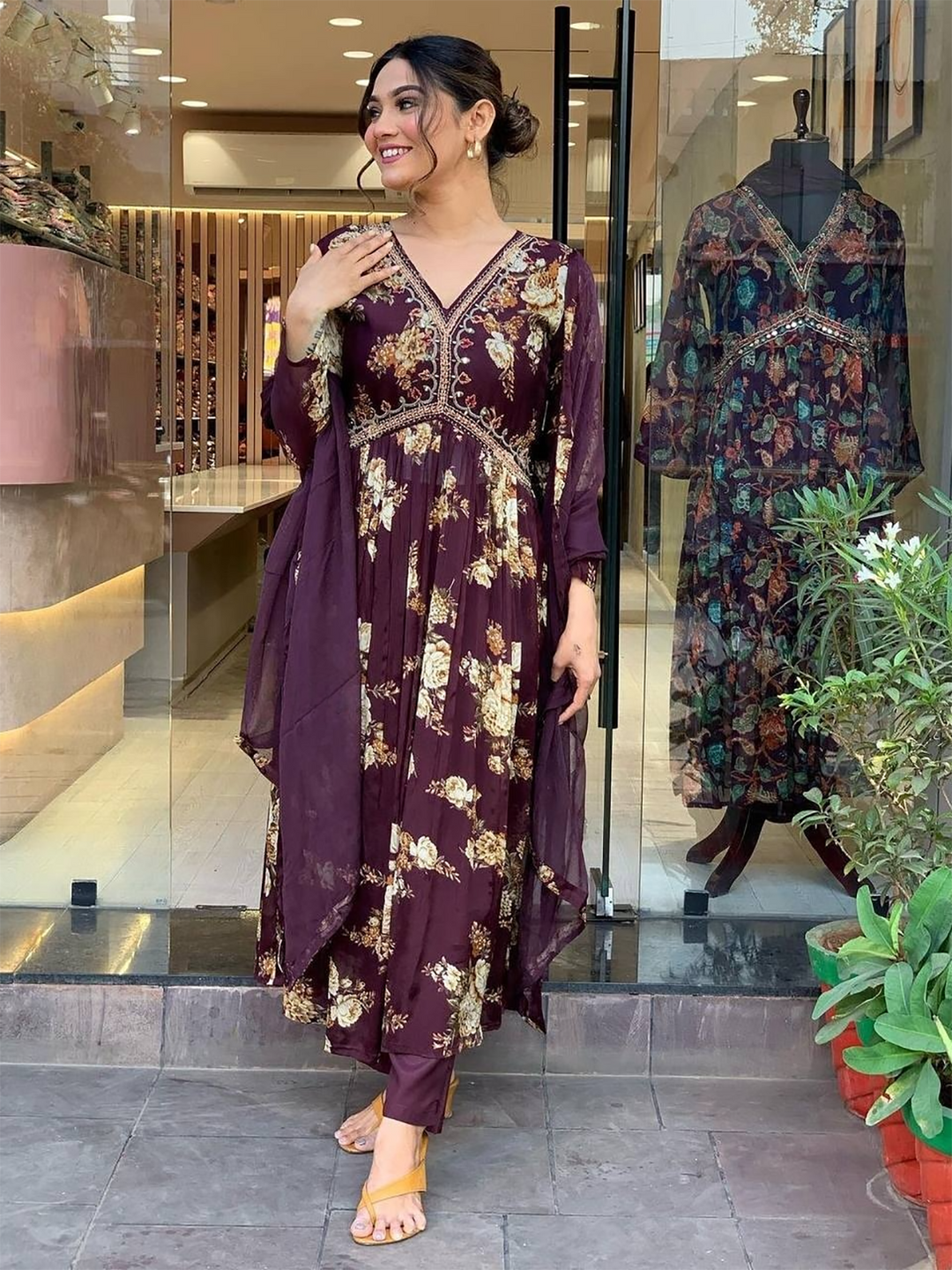 Magnetic Wine Floral Printed Georgette Event Wear Pant Suit for women