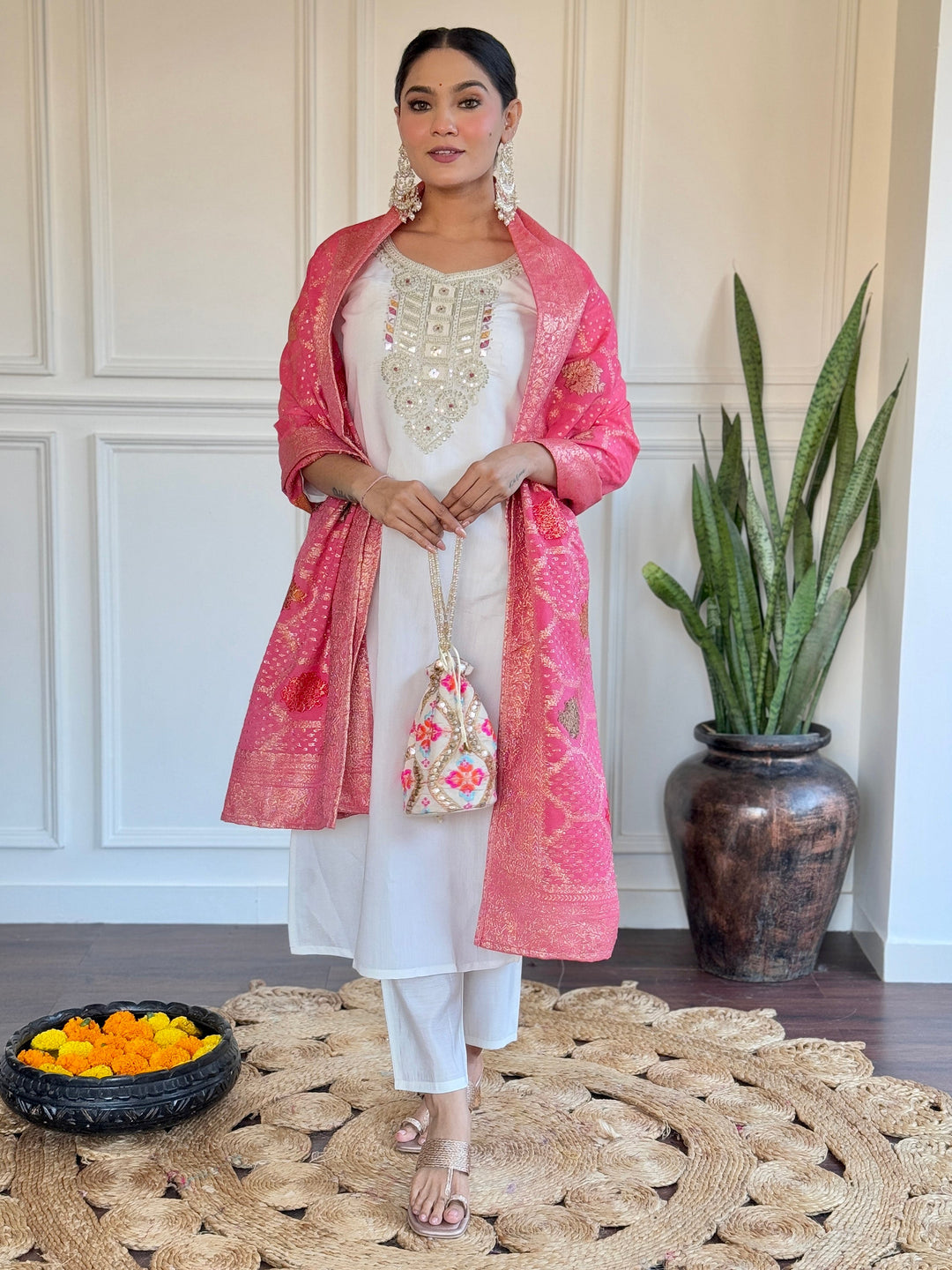 Beautiful Off-White Embroidered Chanderi Traditional Pant Suit with intricate detailing