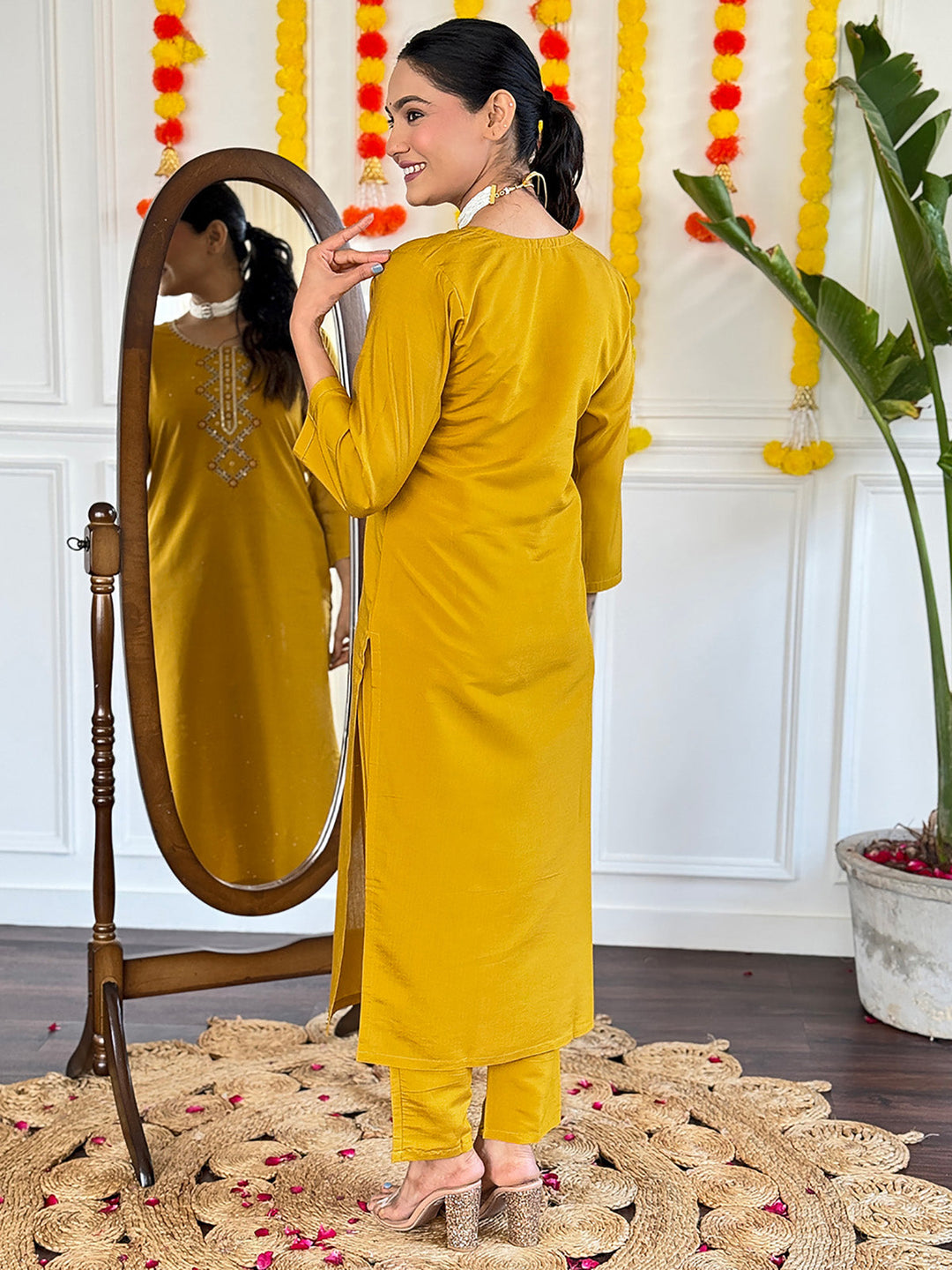 Dazzling Mustard Yellow Embroidered Viscose Haldi Wear Pant Suit for women