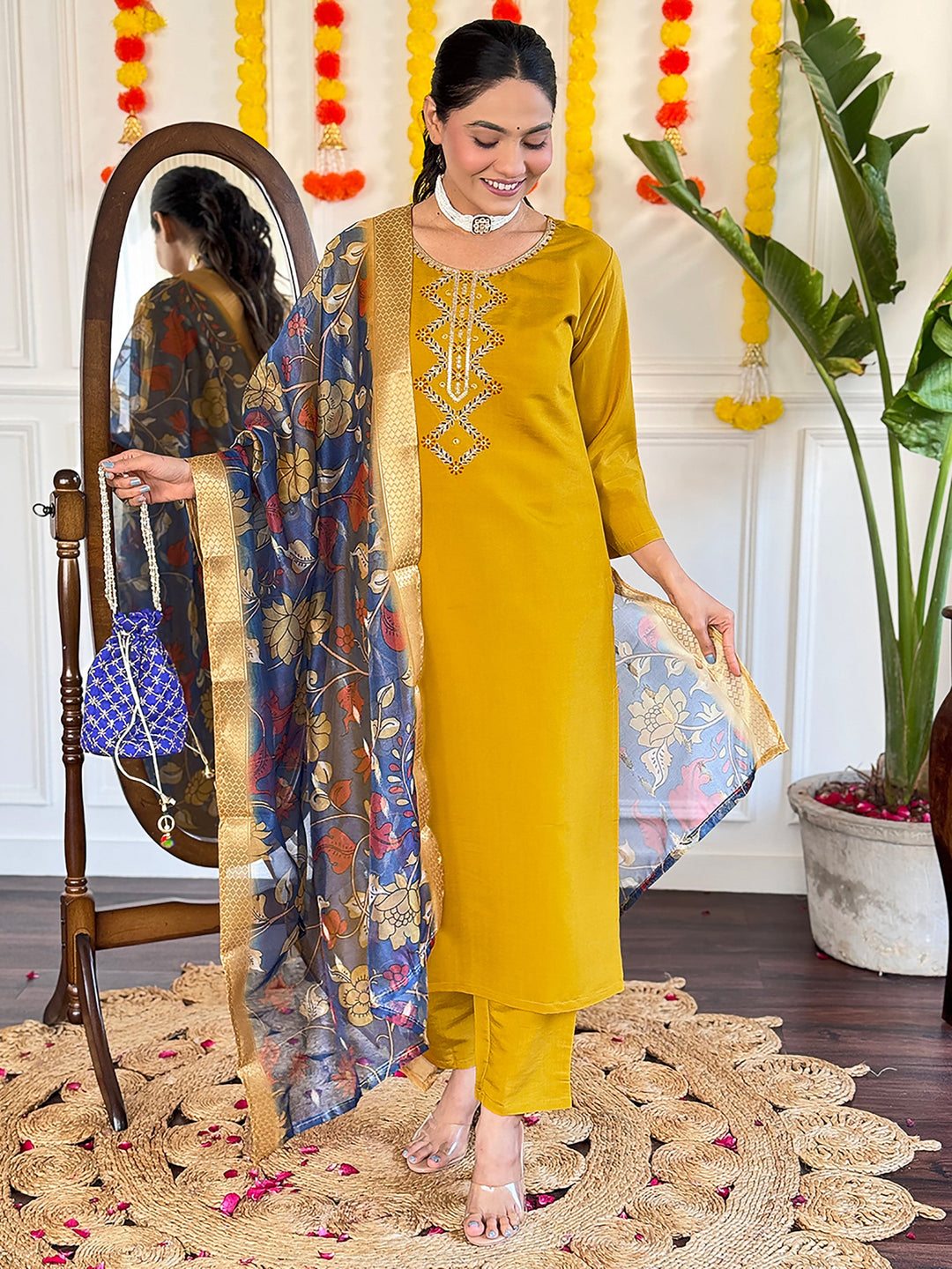 Dazzling Mustard Yellow Embroidered Viscose Haldi Wear Pant Suit for Women