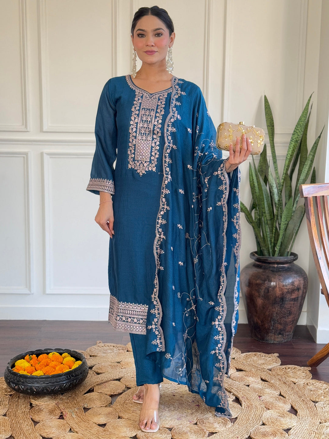 
Blue Vichitra silk suit with zari and thread embroidery, sequin work