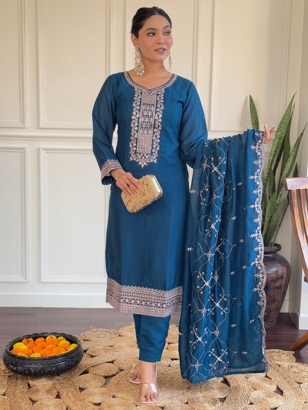 Matching Vichitra silk pant and coordinating dupatta with zari and thread embroidery