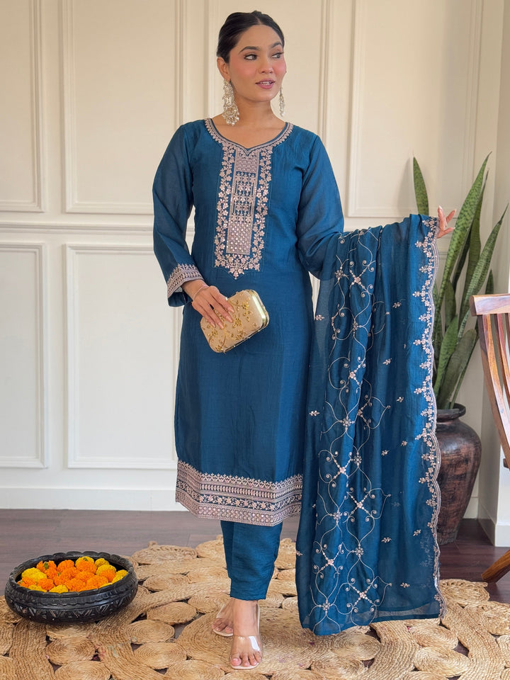 Matching Vichitra silk pant and coordinating dupatta with zari and thread embroidery