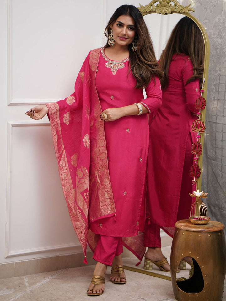 Attractive Rani Pink Embroidered Viscose Function Wear Pant Suit with intricate thread embroidery and shimmering sequin accents