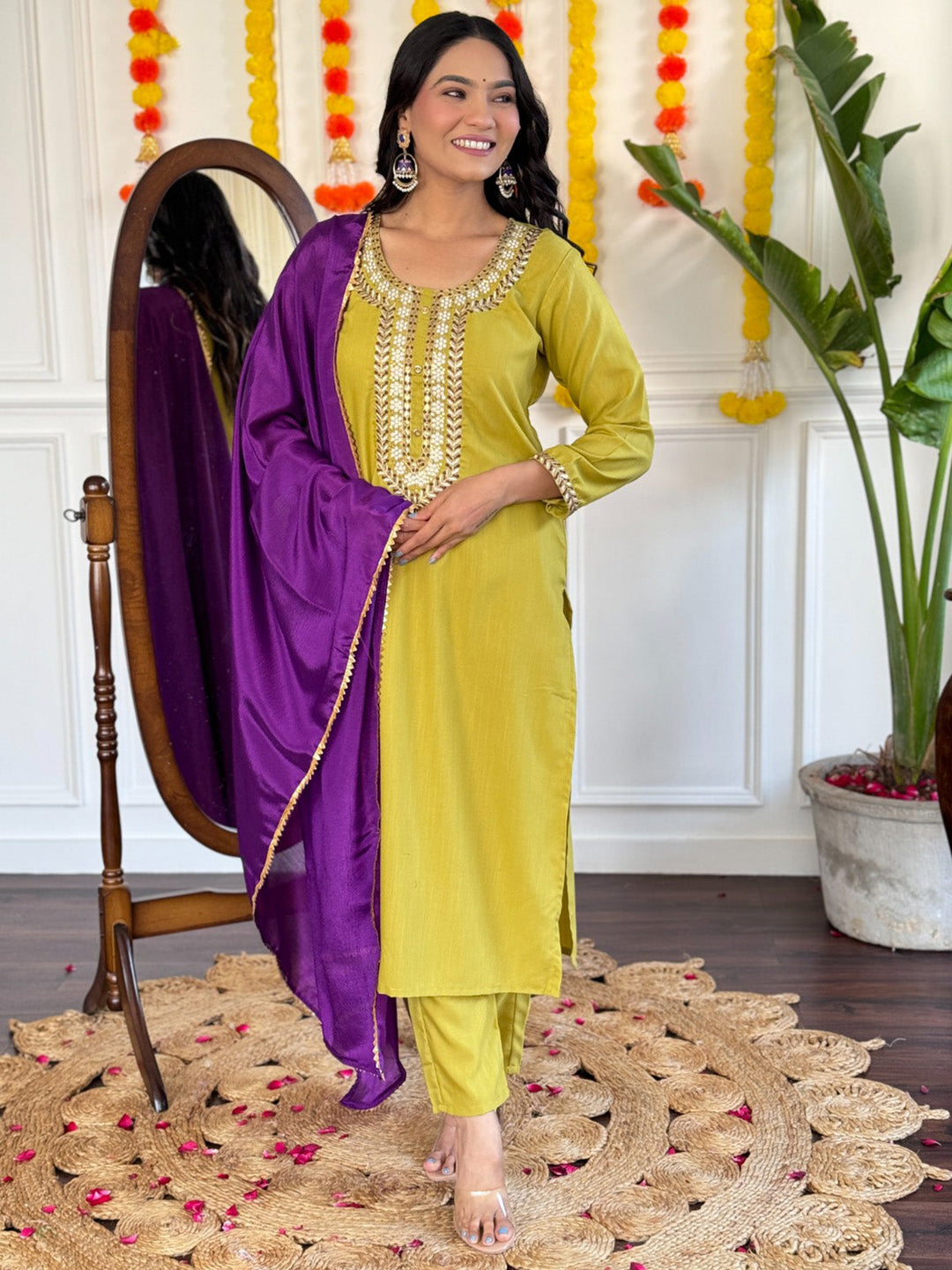 Intricately Embroidered Lemon Yellow Rayon Pant Suit with Chinon Purple Dupatta