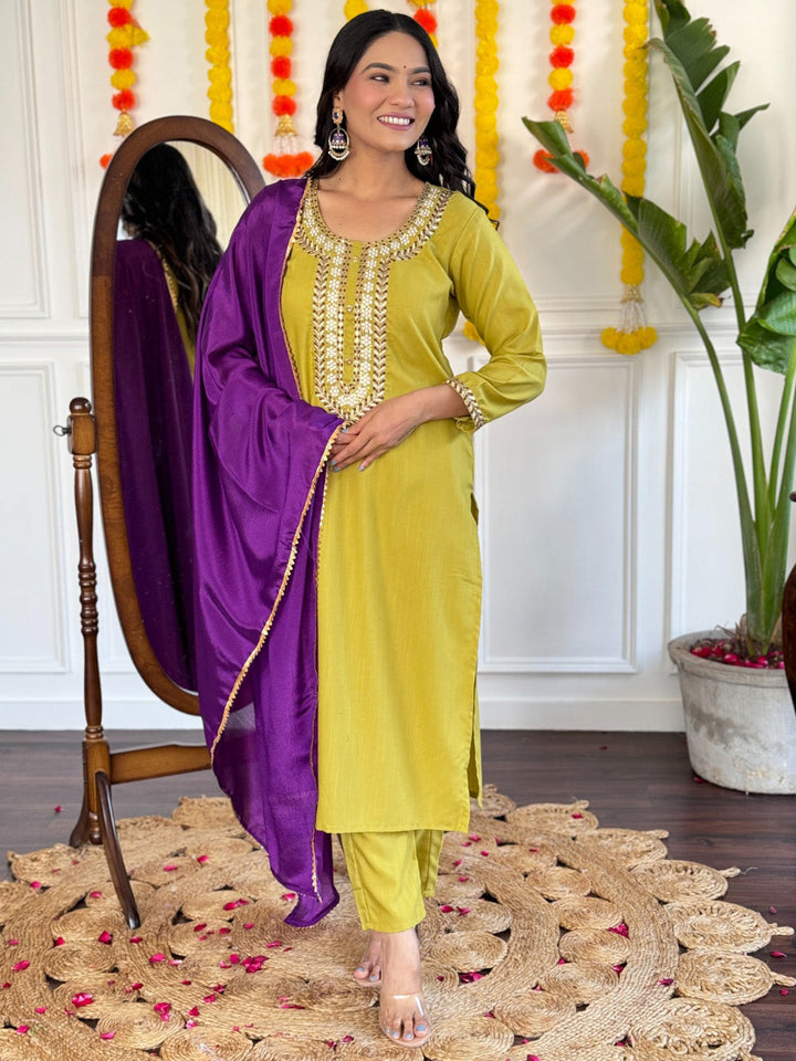 Intricately Embroidered Lemon Yellow Rayon Pant Suit with Chinon Purple Dupatta